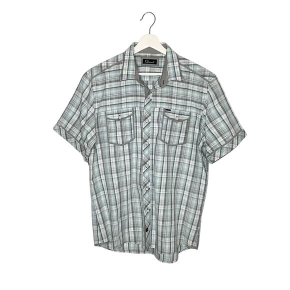 7 Diamonds Blue Gray White Plaid Short Sleeve Button Up Shirt XL - Picture 2 of 11